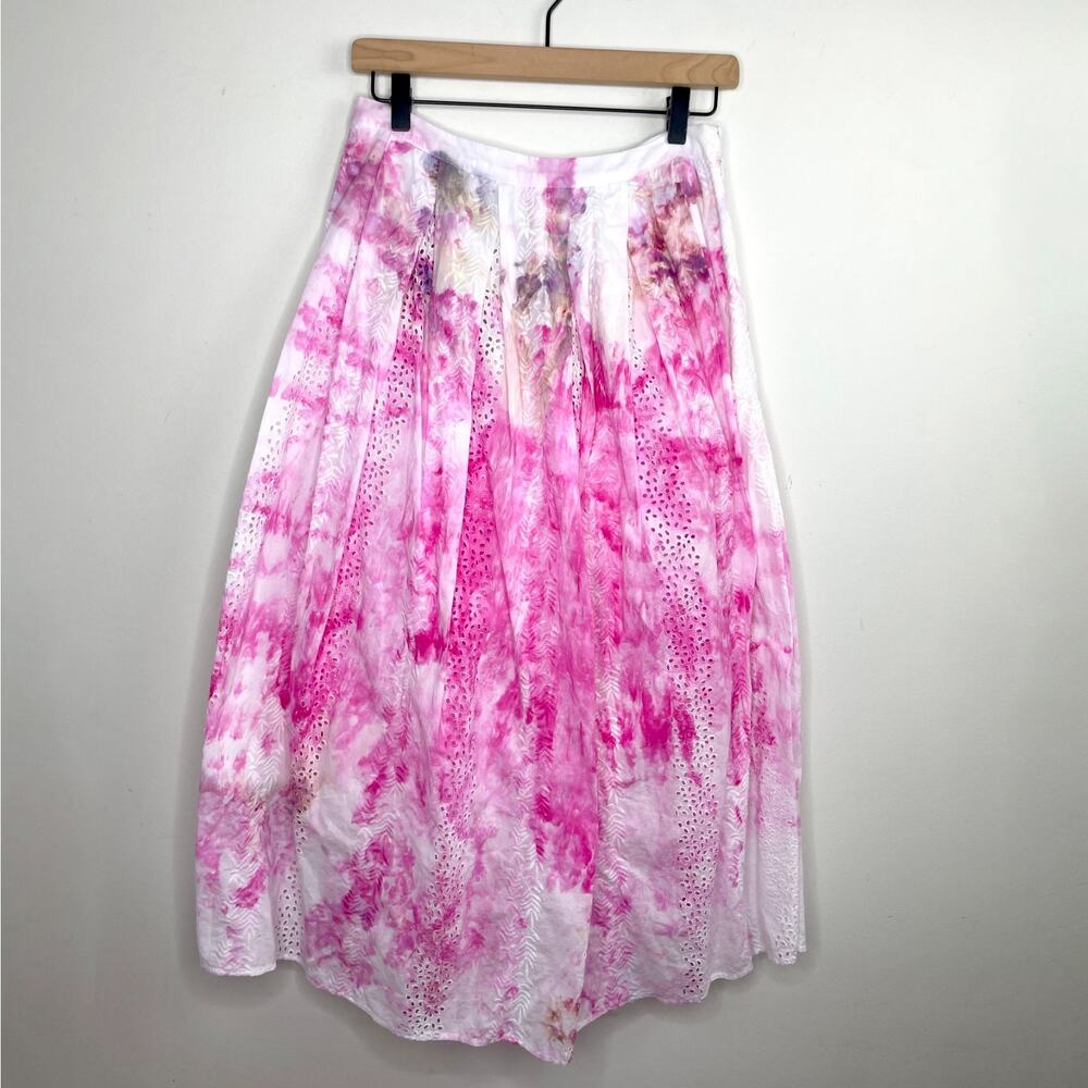 White‎ Cotton Tie Dye Midi Skirt Sz 8 Hot Pink Eyelet Floral Embroidery Boho